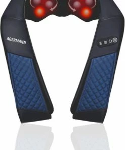 AGERMANN Massagekussen Met Draagtas - Nek- En Schouder Massage Apparaat Met Warmtefunctie - Shiatsu - Massage Kussen Nek En Rug - Draadloos Massage Apparaat - Blauw