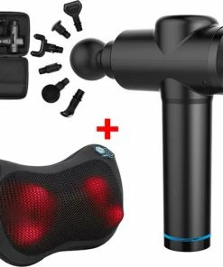 MOSO Massage Gun Professioneel Met Infrarood Warmte Nekkussen Massage Kussen Voor Nek Schouder Rug Hand Massager 2500mAh Met 6 Massage Heads 99 Snelheden Elektrische Percussie Massager Met LED Display Touch Screen