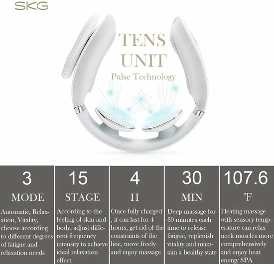 SKG | Nekmassage-apparaat | Draadloos Met Warmtefunctie En Vibratie | Spiertherapie Om Stress | Nek | Model 4356E | Wit 4 SKG | Nekmassage-apparaat | Draadloos Met Warmtefunctie En Vibratie | Spiertherapie Om Stress | Nek | Model 4356E | Wit - Afbeelding 4