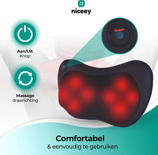 Niceey Shiatsu Massagekussen Nek En Rug - Nekmassage Apparaat - Infrarood Massageapparaat - Massage Kussen - 8 Massageknoppen - Zwart 2 Niceey Shiatsu Massagekussen Nek En Rug - Nekmassage Apparaat - Infrarood Massageapparaat - Massage Kussen - 8 Massageknoppen - Zwart - Afbeelding 2