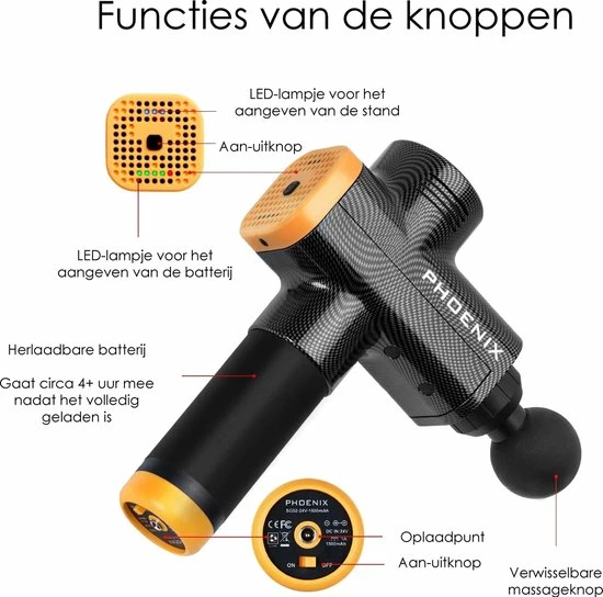 Massage Gun - Massage Apparaat ? Phoenix A2 ? 4 Opzetstukken ? Professioneel ? 3200 RPM! 6 Massage Gun - Massage Apparaat ? Phoenix A2 ? 4 Opzetstukken ? Professioneel ? 3200 RPM! - Afbeelding 6