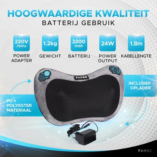 FAMBZ Premium Infrarood Massage Shiatsu Kussen Apparaat Draadloos (Blauw) - 3 Snelheden - Geschikt Voor Nekklachten / Migraine / Stijfheid / Stress - Massageapparaat Voor Nek / Schouder ? Nekmassage Apparaat - Massagekussen - Warmte ? Full Body 3 FAMBZ Premium Infrarood Massage Shiatsu Kussen Apparaat Draadloos (Blauw) - 3 Snelheden - Geschikt Voor Nekklachten / Migraine / Stijfheid / Stress - Massageapparaat Voor Nek / Schouder ? Nekmassage Apparaat - Massagekussen - Warmte ? Full Body - Afbeelding 3