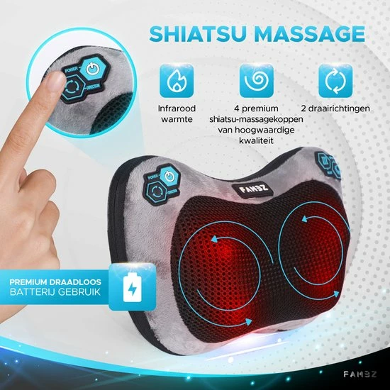 FAMBZ Premium Infrarood Massage Shiatsu Kussen Apparaat Draadloos (Blauw) - 3 Snelheden - Geschikt Voor Nekklachten / Migraine / Stijfheid / Stress - Massageapparaat Voor Nek / Schouder ? Nekmassage Apparaat - Massagekussen - Warmte ? Full Body 4 FAMBZ Premium Infrarood Massage Shiatsu Kussen Apparaat Draadloos (Blauw) - 3 Snelheden - Geschikt Voor Nekklachten / Migraine / Stijfheid / Stress - Massageapparaat Voor Nek / Schouder ? Nekmassage Apparaat - Massagekussen - Warmte ? Full Body - Afbeelding 4