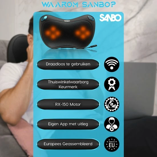Sanbo Draadloos Massagekussen WL20 ? Massage Apparaten ? Warmte Functie Met Infrarood - Voor Thuis En Auto - Shiatsu 6 Sanbo Draadloos Massagekussen WL20 ? Massage Apparaten ? Warmte Functie Met Infrarood - Voor Thuis En Auto - Shiatsu - Afbeelding 6