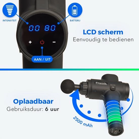 LifeGoods Massage Gun - Professioneel Massage Apparaat - Nek, Rug, Fullbody - Acupressuur, Klop En Compressie - 6 Opzetstukken - Koffer - 30 Standen - Zwart 3 LifeGoods Massage Gun - Professioneel Massage Apparaat - Nek, Rug, Fullbody - Acupressuur, Klop En Compressie - 6 Opzetstukken - Koffer - 30 Standen - Zwart - Afbeelding 3