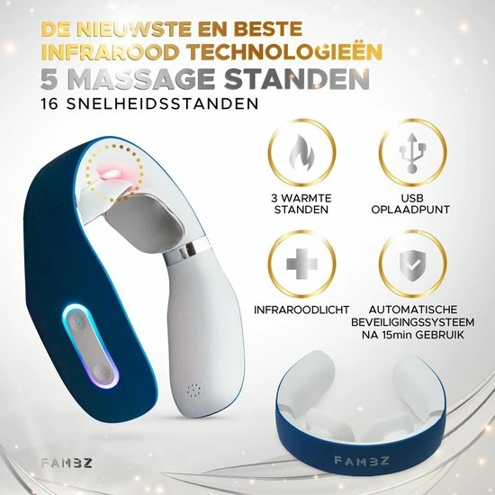 FAMBZ Ultimate Infrarood Nekmassage Apparaat (Oceaan Blauw) - 5 Verschillende Massages Met 16 Snelheden 2 FAMBZ Ultimate Infrarood Nekmassage Apparaat (Oceaan Blauw) - 5 Verschillende Massages Met 16 Snelheden - Afbeelding 2