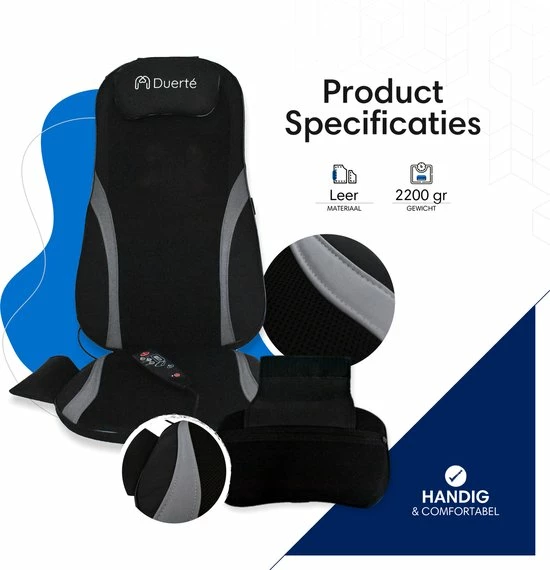 Duerté - Shiatsu Massagekussen Nek En Rug Incl. Infrarood - Massage Stoel Met Vibratie - Inklapbaar En Draagbaar 4 Duerté - Shiatsu Massagekussen Nek En Rug Incl. Infrarood - Massage Stoel Met Vibratie - Inklapbaar En Draagbaar - Afbeelding 4