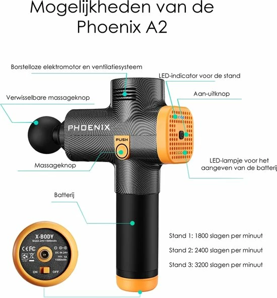 Massage Gun - Massage Apparaat ? Phoenix A2 ? 4 Opzetstukken ? Professioneel ? 3200 RPM! 11 Massage Gun - Massage Apparaat ? Phoenix A2 ? 4 Opzetstukken ? Professioneel ? 3200 RPM! - Afbeelding 11